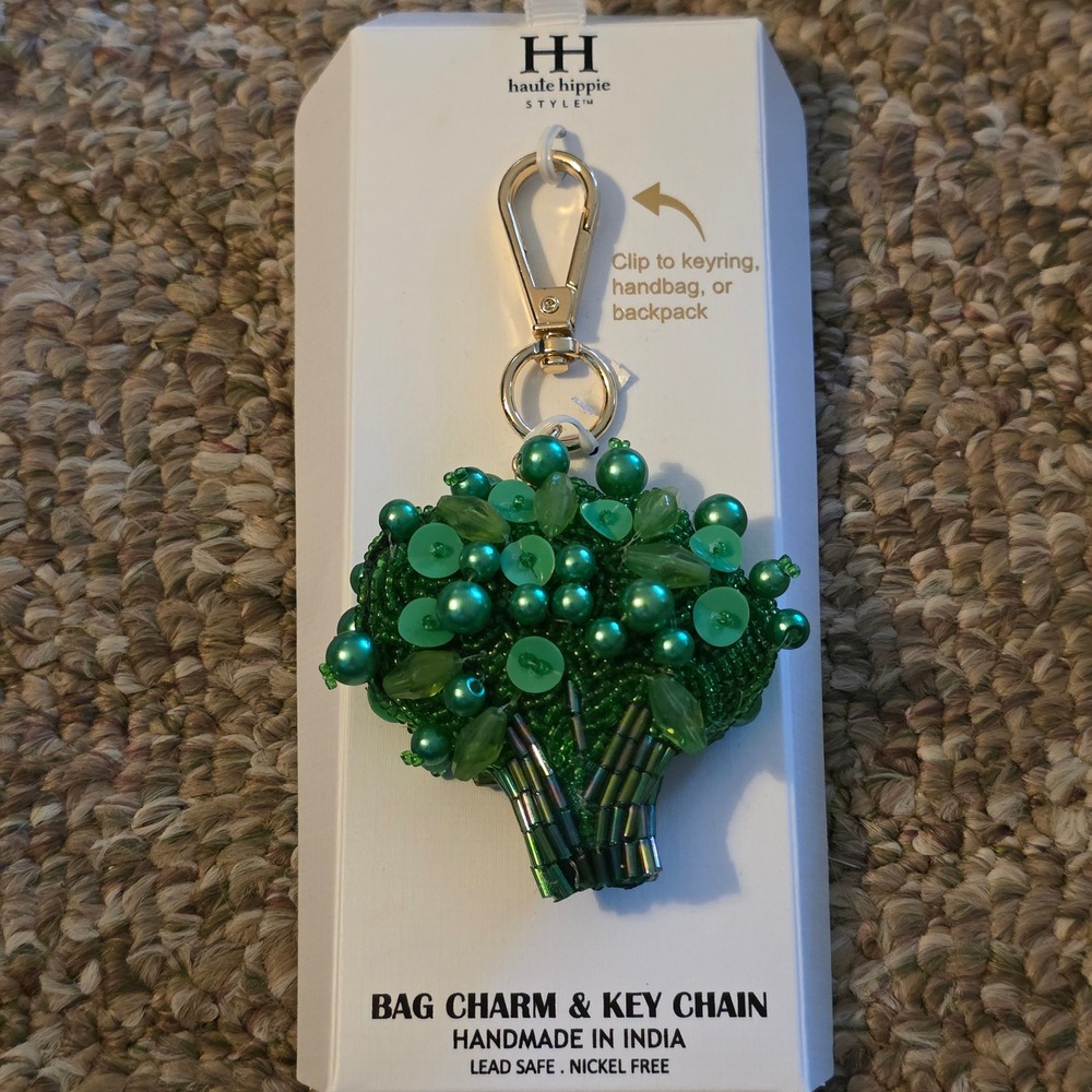 Haute Hippie Style Beaded Broccoli Bag Charm Keychain Green Handmade New
